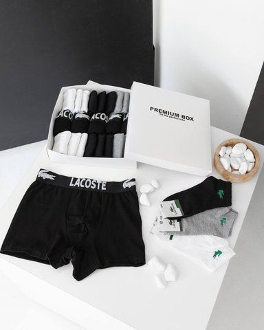 Чоловічі труси боксери 5 штук + 18 пар шкарпеток Lacoste у боксі, 137-S 137 фото
